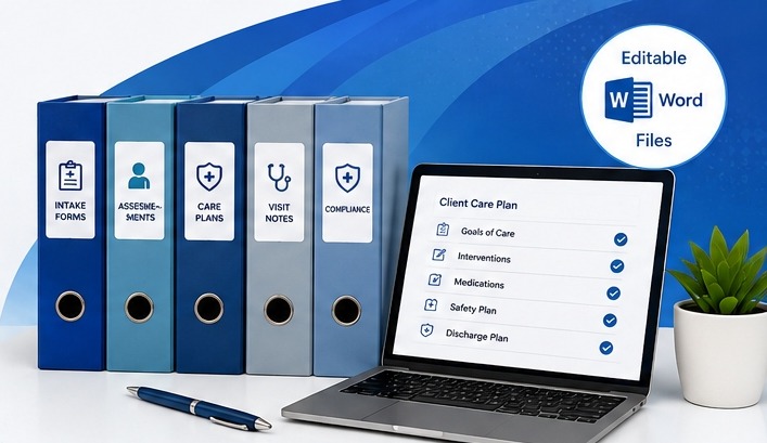 Stack of labeled home health documentation binders — intake forms, assessments, care plans, visit notes, compliance — next to a laptop showing a digital Client Care Plan checklist
