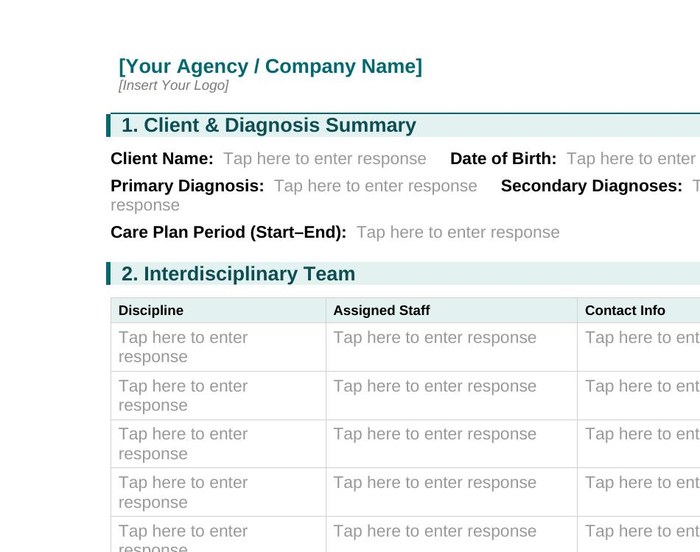 Preview of the Client Care Plan Long Form, interdisciplinary planning page