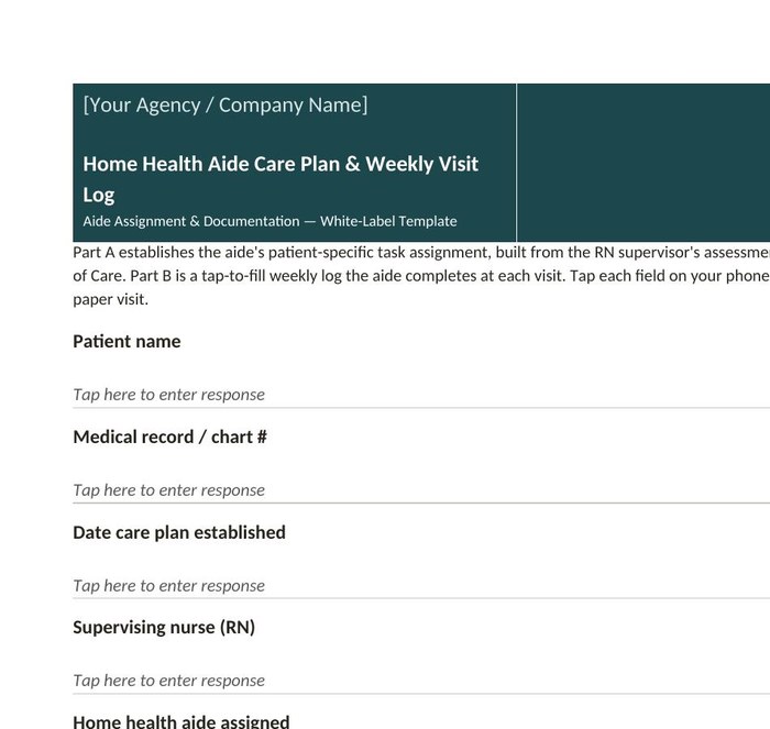 Preview of the Home Health Aide Care Plan and Weekly Visit Log white-label form, page 2