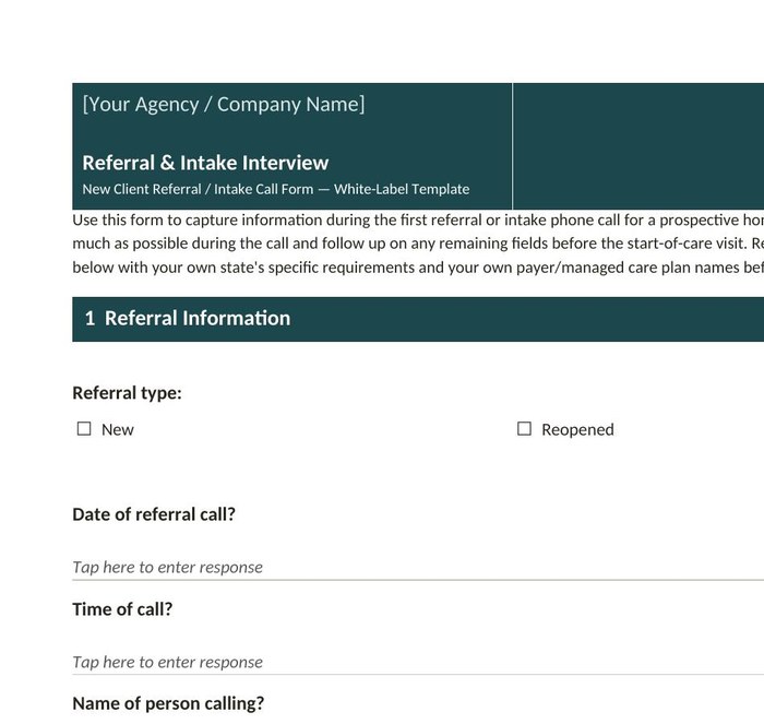 Preview of the Referral & Intake Interview white-label form, page 2