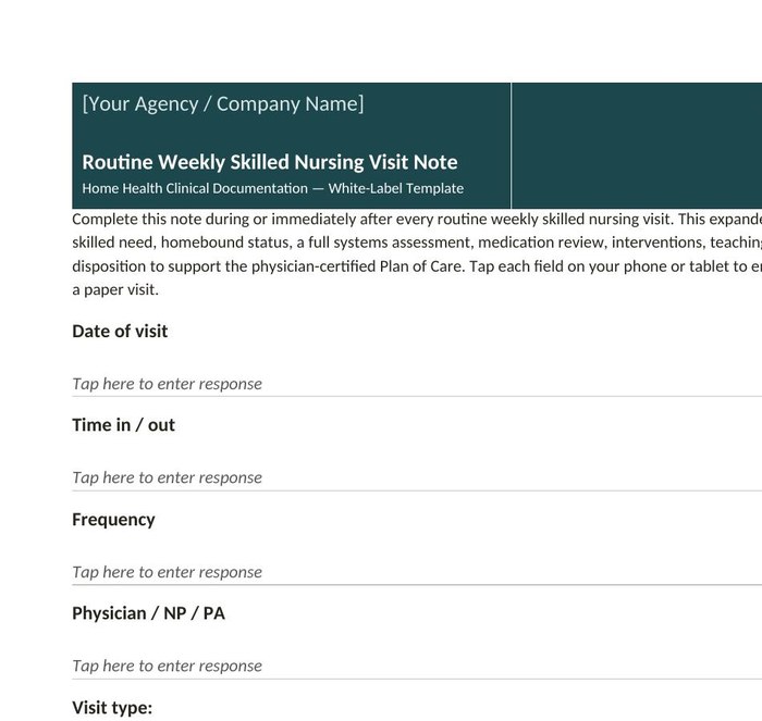 Preview of the Routine Weekly Skilled Nursing Visit Note white-label form, page 2